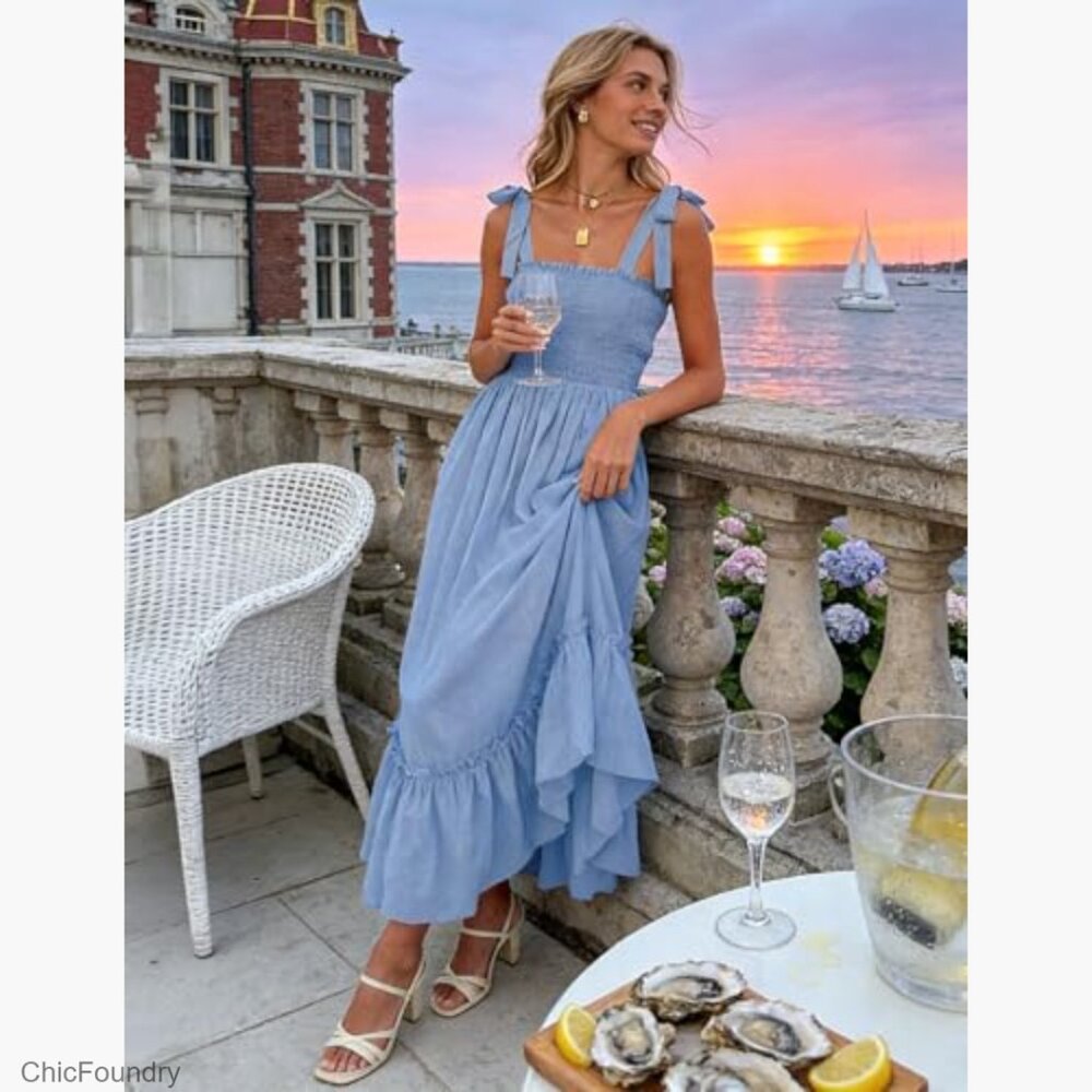 Boho Maxi Dress with Spaghetti Straps Square Neck Ruffle A-Line Beach - Picture 2 of 7